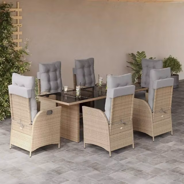 Set da pranzo da giardino vidaXL in polyrattan con tavolo in vetro e 7 pezzi, colori beige e grigio – 1
