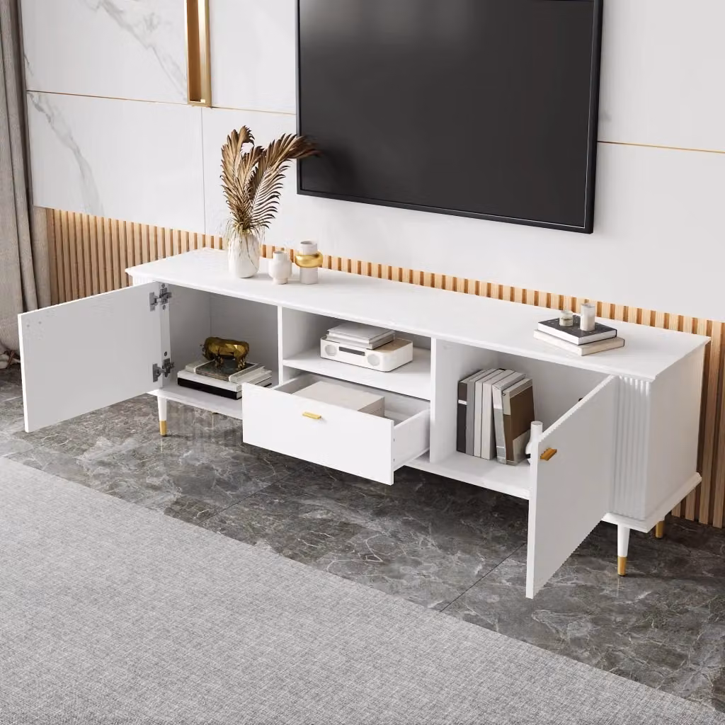 Mobile TV moderno MODFU bianco con 2 ante, 1 vano aperto e 1 cassetto soft close, L: 170 cm, P: 36 cm, H: 54 cm – 2