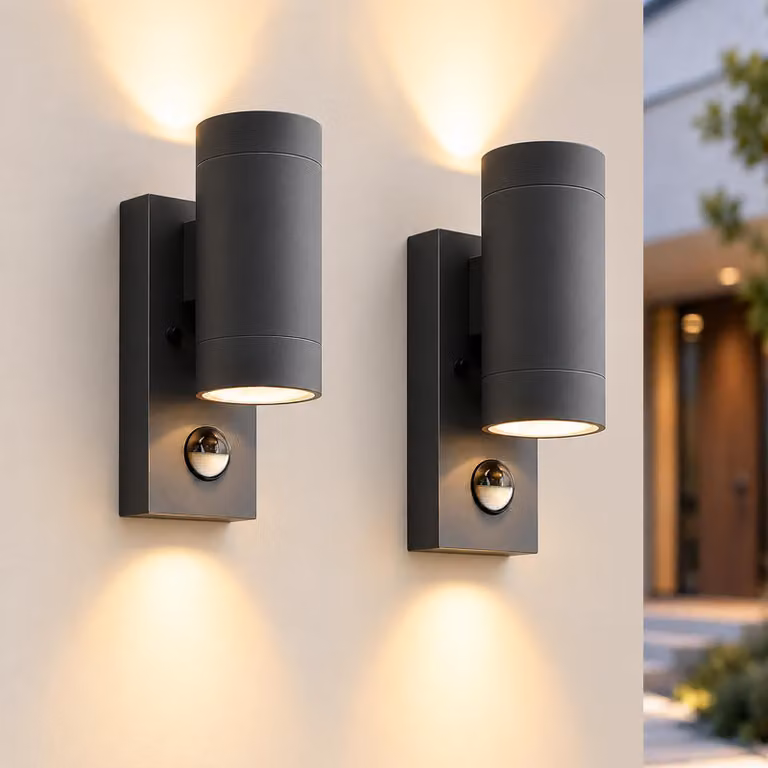 Lampada da parete esterna con sensore di movimento, 2 attacchi GU10, colore antracite, grado di protezione IP65