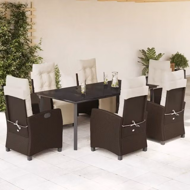 Set da pranzo da giardino vidaXL in polyrattan marrone con 7 pezzi e piano in vetro