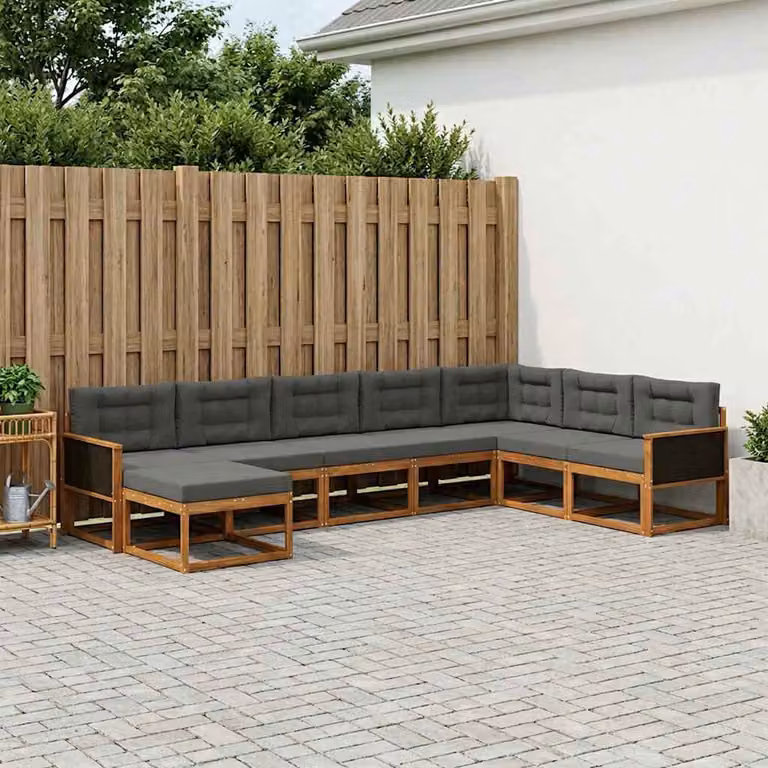 vidaXL Set di divani da esterno a forma di U composto da 8 pezzi in legno di acacia con cuscini, colore marrone e antracite