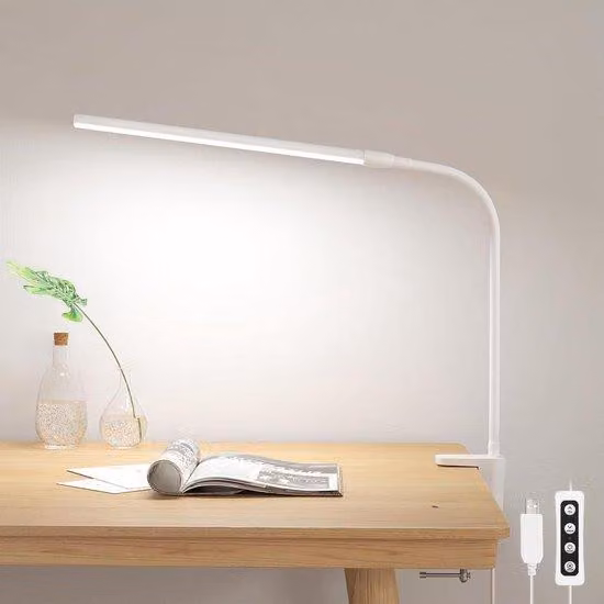 Lampada LED flessibile - Rotazione a 360 gradi con attacco a vite - 54 LED, 460 lm, dimmerabile - 3 modalità di illuminazione - 10 livelli di luminosità - Per ufficio, comodino, studio - Bianco