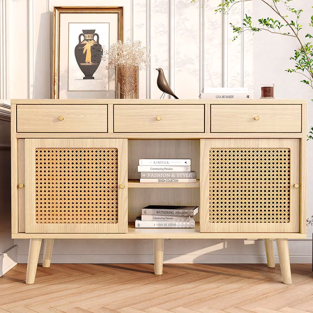 Credenza Sweiko 120x40x78cm, cassettiera con 3 cassetti e 3 ante scorrevoli, ripiani regolabili, rovere
