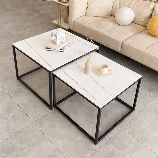 Set di 2 Bijzettafeltjes - Tavolo da caffè - 2 pezzi - Finestra marmo - Bianco/nero