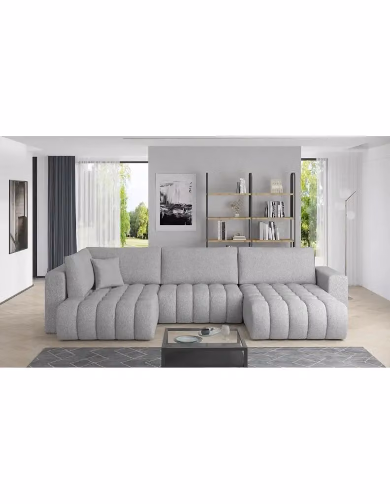 Divano angolare convertibile BONITA MEUBLORAMA da 6 posti, grigio, tessuto ciniglia, lato destro, L 350 cm x P 175 cm – 2