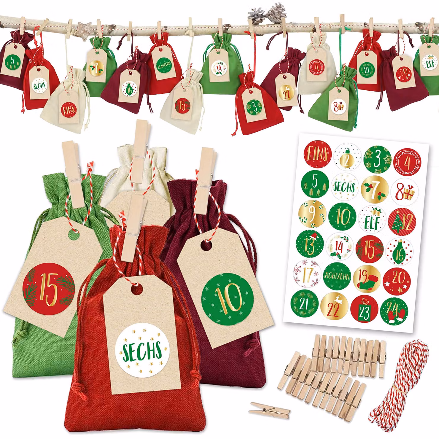Calendario dell'Avvento 2025 – 24 sacchetti in tessuto, colore rosso, verde e bianco, inclusi accessori