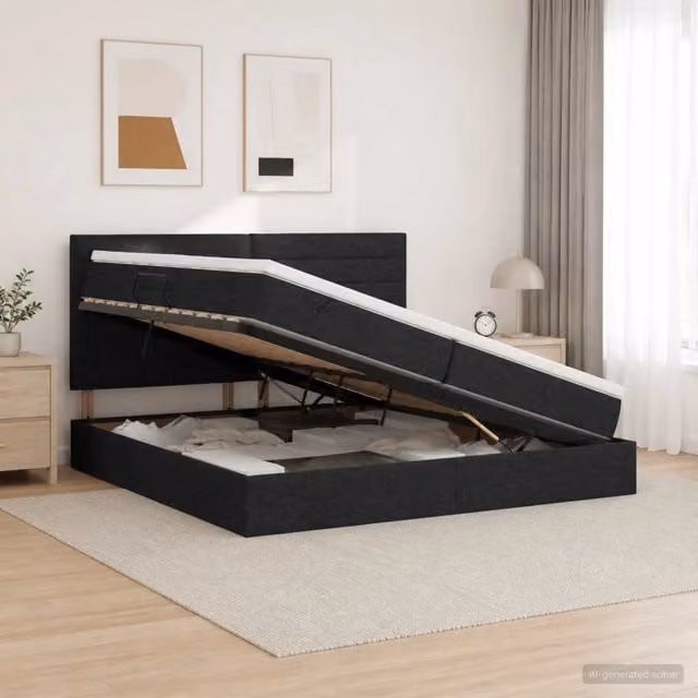 Letto con contenitore vidaXL in tessuto nero con illuminazione LED e porta USB, L/P/H: 200 x 200 x 140 cm