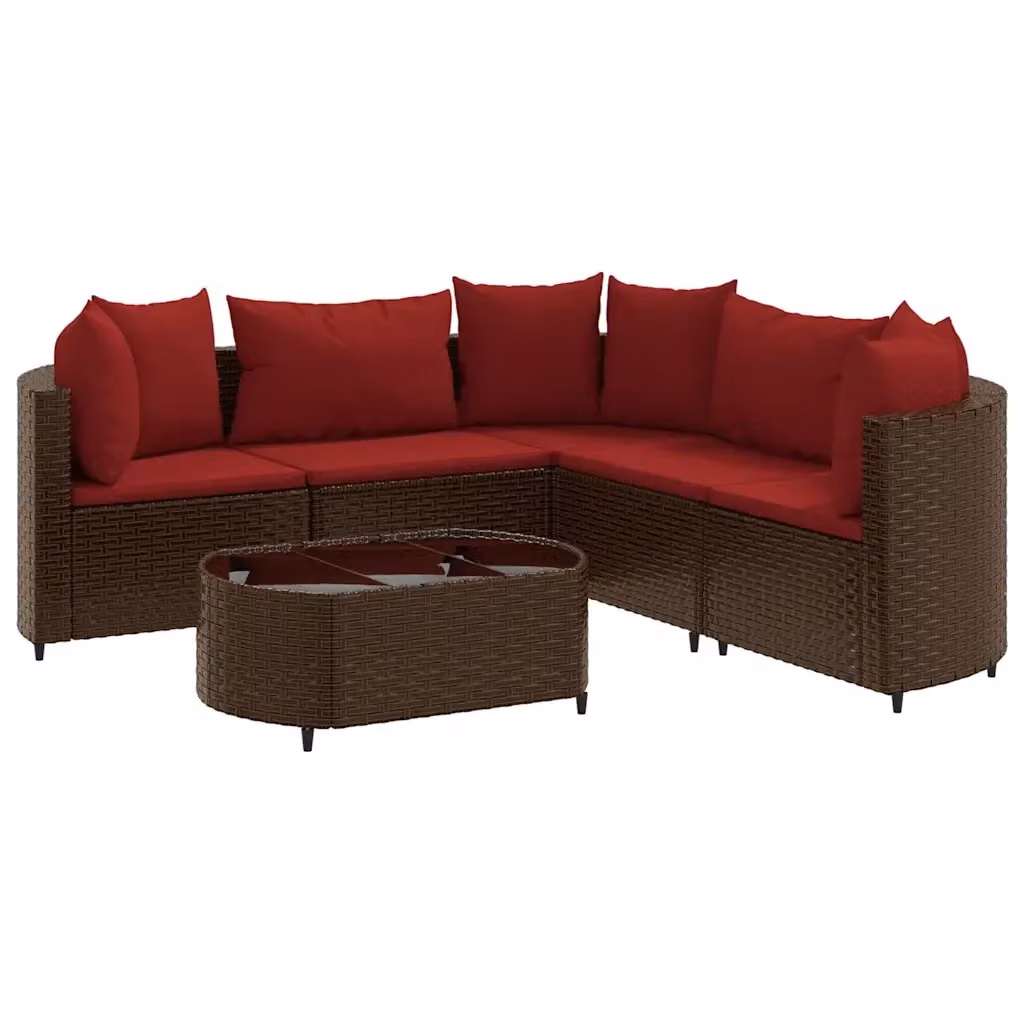 vidaXL Set Divano da Giardino 6 pz a L con Cuscini Marrone e Rosso in Polyrattan e Acciaio – 2