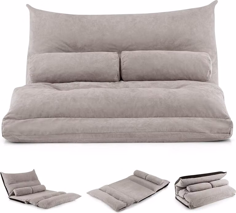 COSTWAY Divano pieghevole da pavimento, divano letto 3 in 1 con funzione letto e schienale regolabile, divano letto con 2 cuscini lombari, poltrona letto pieghevole per soggiorno e camera da letto (grigio)