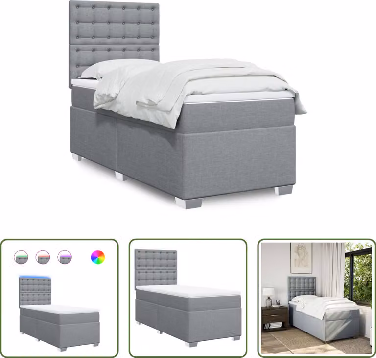 The Living Store Letto a molle con materasso grigio chiaro 90x200 cm in tessuto