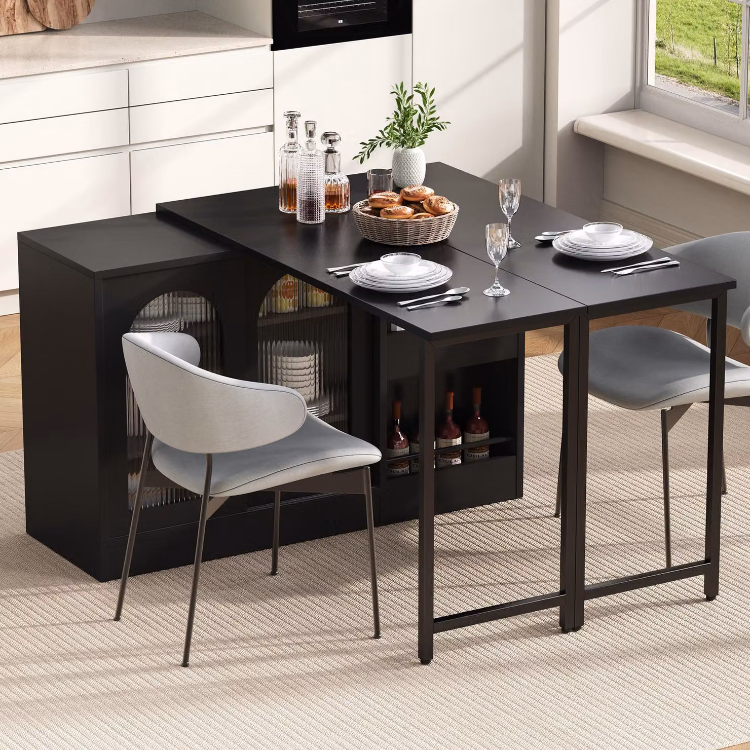 Tavolo da pranzo allungabile Flieks, tavolo da bar girevole a 360° con vano portaoggetti, tavolo da cucina bar con credenza, credenza reversibile, nero