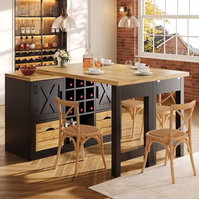 Tavolo da pranzo estensibile con sideboard girevole 360°; 120-197x40x72 cm; nero MDF