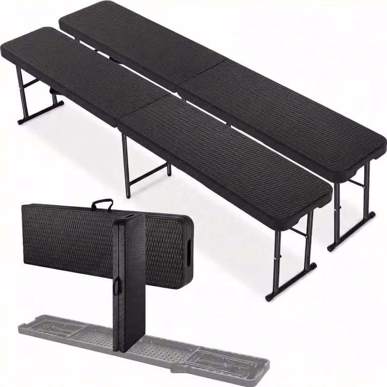 Set di 2 panche pieghevoli per birra - Panchina da giardino e campeggio, 183 cm - Maniglia per il trasporto - Seduta in HDPE - Struttura in acciaio - Portata massima fino a 500 kg - Colore: nero