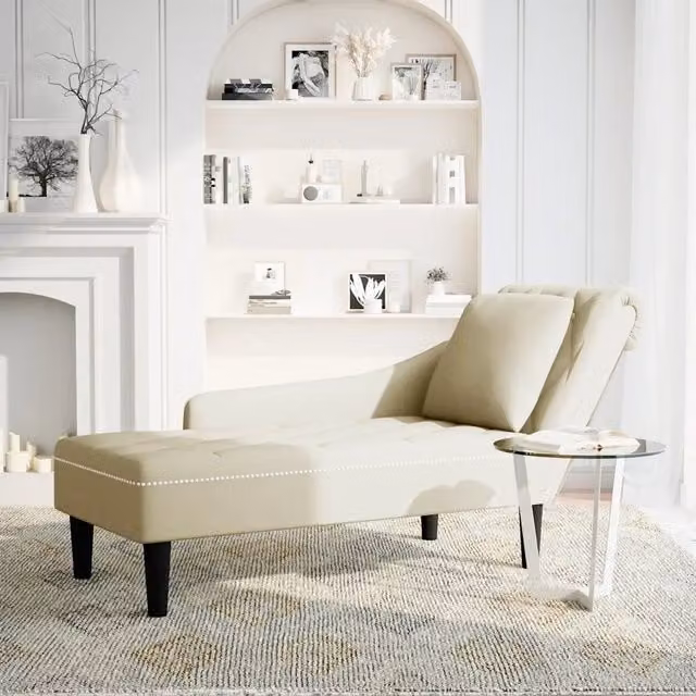 Sdraio in Velluto Beige con Cuscino e Bracciolo Destro L: 145 cm, P: 70 cm, H: 56 cm