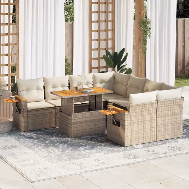 Set Divano da Giardino a L vidaXL in Polyrattan e Legno di Acacia con Cuscini Beige e Tavolino da Esterno 9 pz