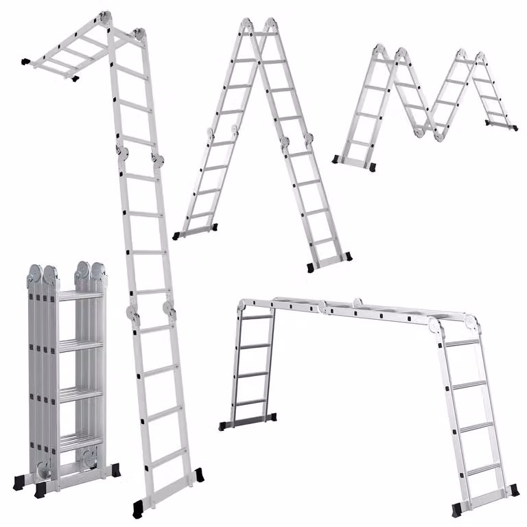 Scala multifunzione Ikodm 7in1, con 4 gradini in alluminio, altezza circa 470 cm / 4,7 metri. Scala a cavalletto, a sbalzo e a scala, con portata massima di 150 kg