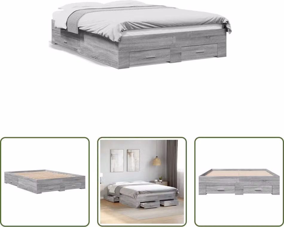 The Living Store Struttura letto con cassetti Grey Sonoma 135x190 cm Materiale a base di legno