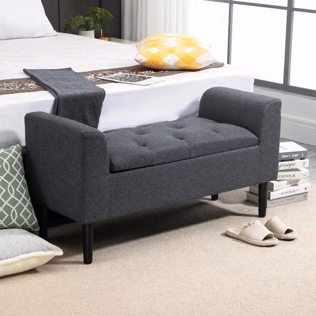 Panca contenitore imbottita con seduta apribile e braccioli arrotondati in poliestere grigio scuro 116×44×58 cm