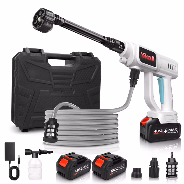 Idropulitrice a batteria, 48 V, 2 batterie da 4 Ah, ugello 6-in-1, tubo da 5 metri