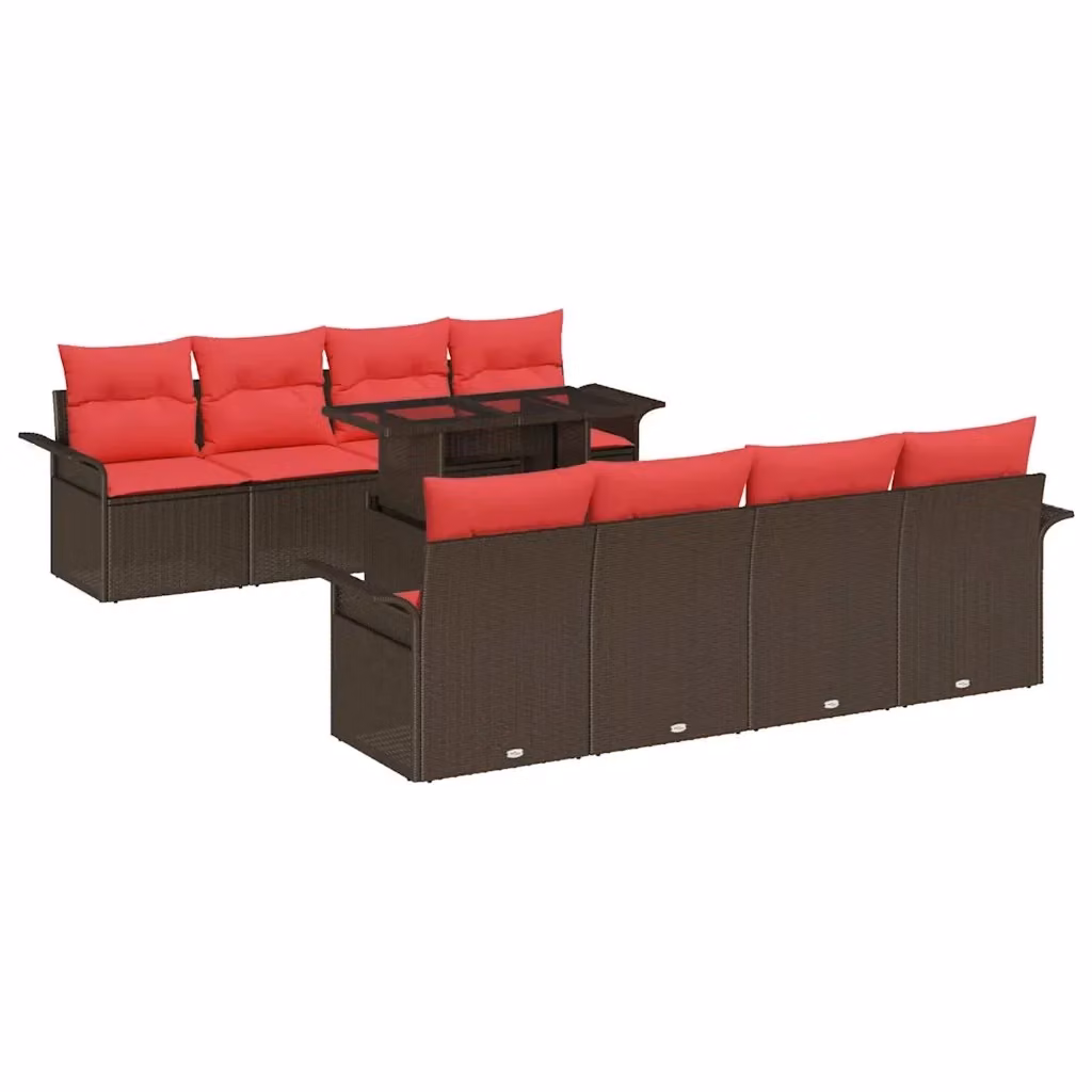 Set Divano da Giardino vidaXL 9 Pezzi per 8 Persone a Forma a U Marrone con Cuscini e Tavolino da Caffè in Polyrattan e Acciaio – 2
