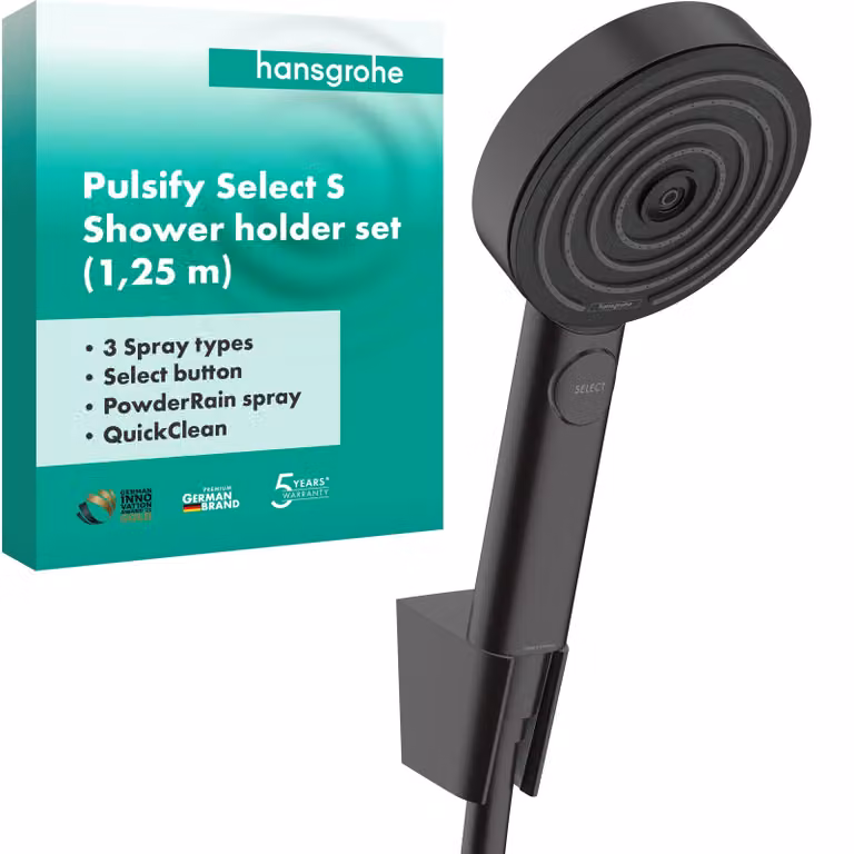 Set doccia con 3 tipi di getto, tecnologia PowderRain, finitura nero opaco, lunghezza 1,25 metri