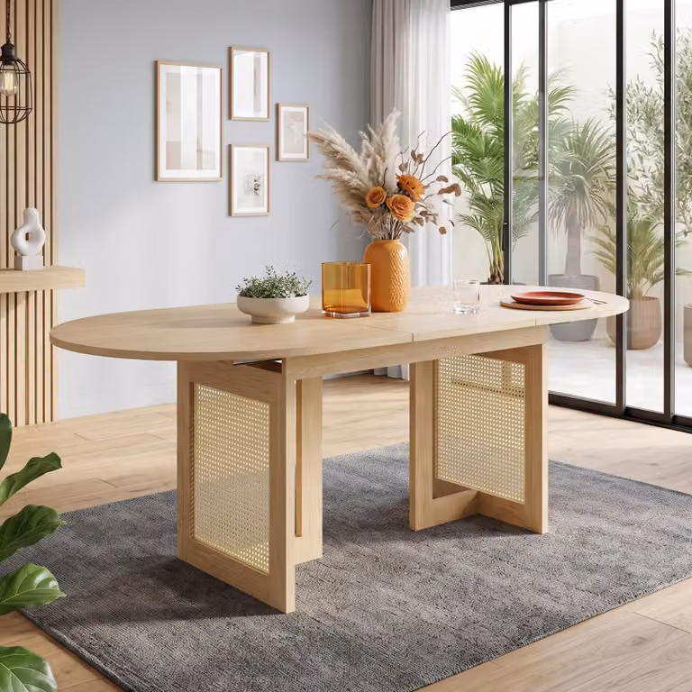 Tavolo allungabile per sala da pranzo con piano spesso, tavolo da pranzo con gambe in rattan, tavolo da cucina 160-200x90x75 cm, colore noce