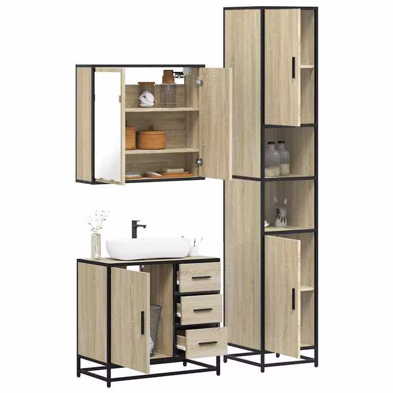 Set di mobili da bagno 3 pezzi vidaXL in stile industriale color rovere con specchio e illuminazione LED