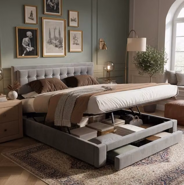 Letto matrimoniale imbottito in velluto grigio 180x200 cm con contenitore e cassetti
