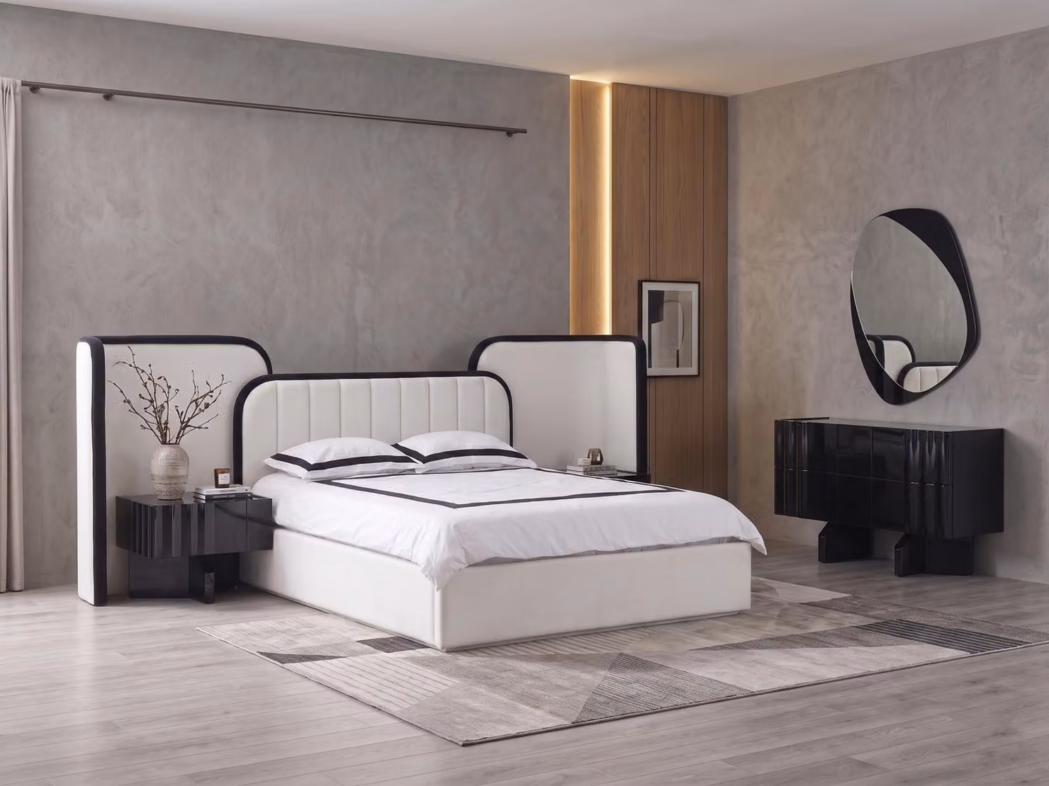 Set per camera da letto moderno, bianco e nero, elegante, completo di letto, specchio e comodino