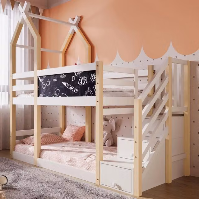 Letto a soppalco 90x200 cm con lavagna e scala contenitore in legno e MDF bianco