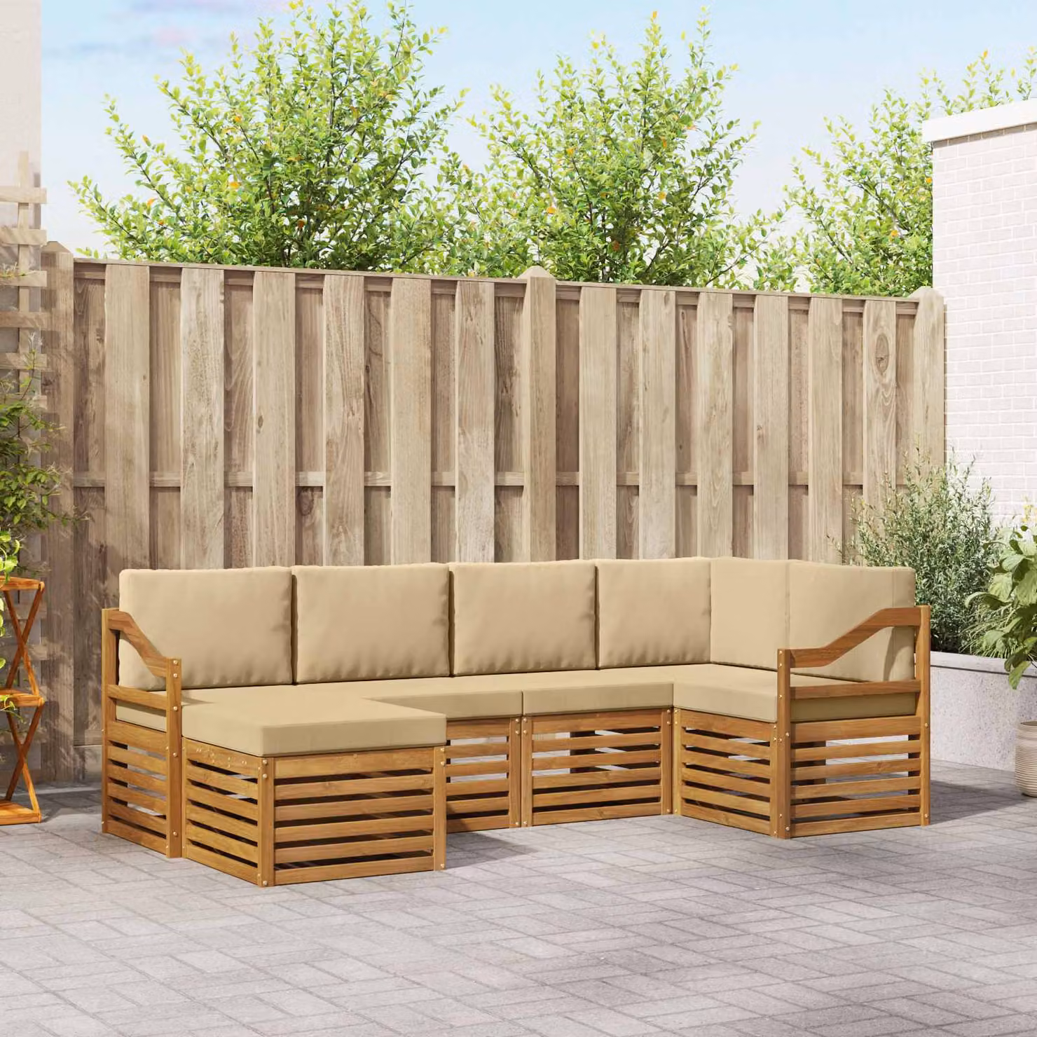 Set di divani da esterno vidaXL 6 pz a forma di L in legno di acacia con cuscini beige e marrone