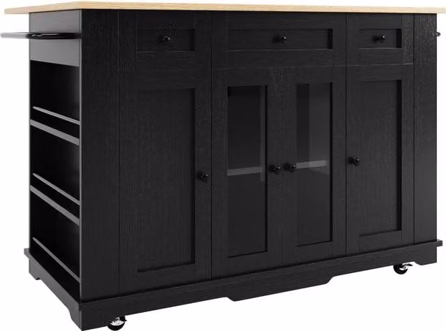 Isola da cucina moderna Aosom con piano ribaltabile, mensole laterali e vetro temperato, Nero – 1