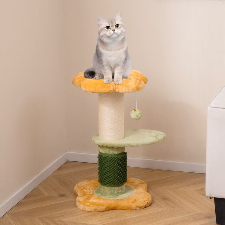 Albero per gatti Costway a forma di fiore con tiragraffi in sisal e piedistallo imbottito in pile, Giallo, Altezza: 69 cm