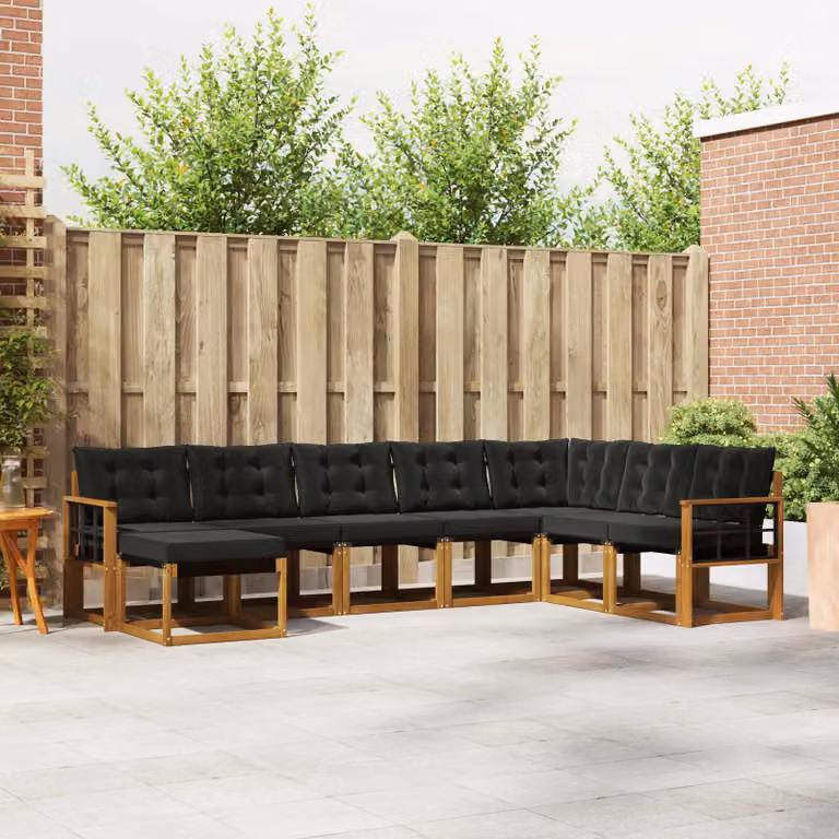 vidaXL Set di divani da esterno moderno a L composto da 8 pezzi in legno di acacia e tessuto textilene, colore marrone e nero