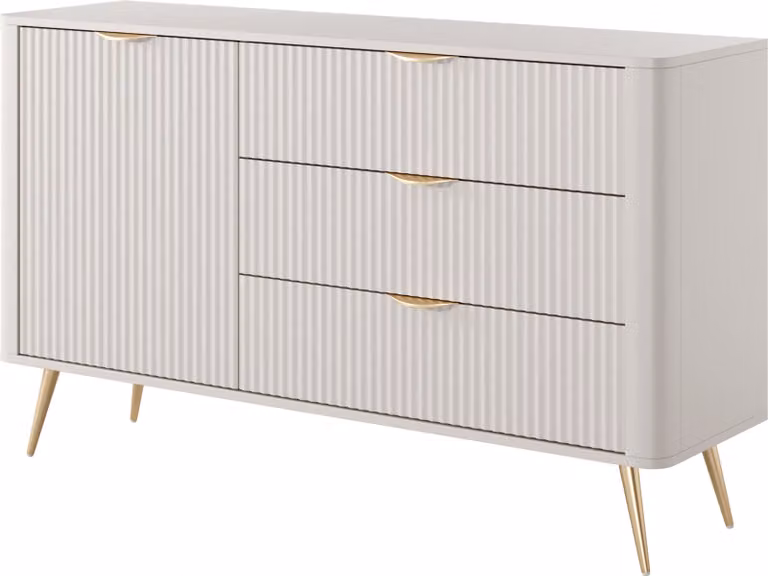 Comodino: 3 cassetti, 1 anta, finitura in cachemire, gambe dorate, dimensioni: 138 cm (altezza), 2 x 81 cm (larghezza x profondità), 2 x 38 cm (larghezza x profondità)
