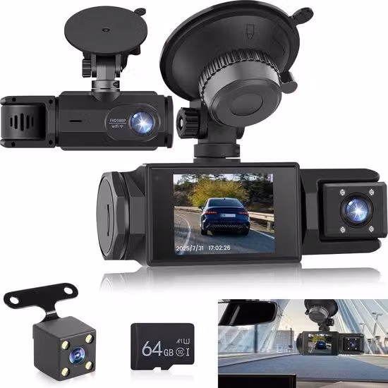 Dashcam Wi-Fi per auto – Dashcam wireless a 3 canali con app, per telecamera anteriore e posteriore, Full HD 1080P, schermo IPS da 2", visione notturna, rilevamento del movimento, registrazione continua, scheda di memoria da 64GB inclusa