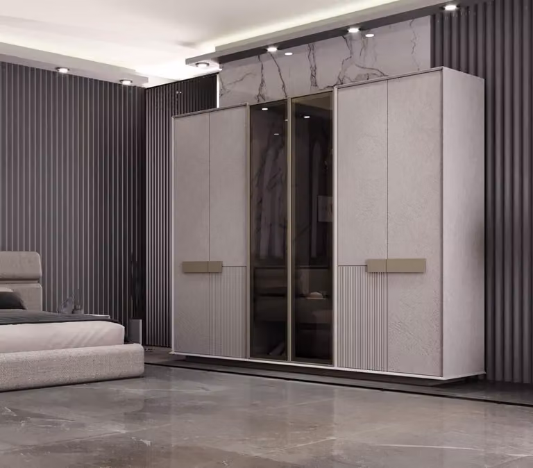 Elegante armadio a 6 ante, di cui 2 in vetro, con dettagli moderni