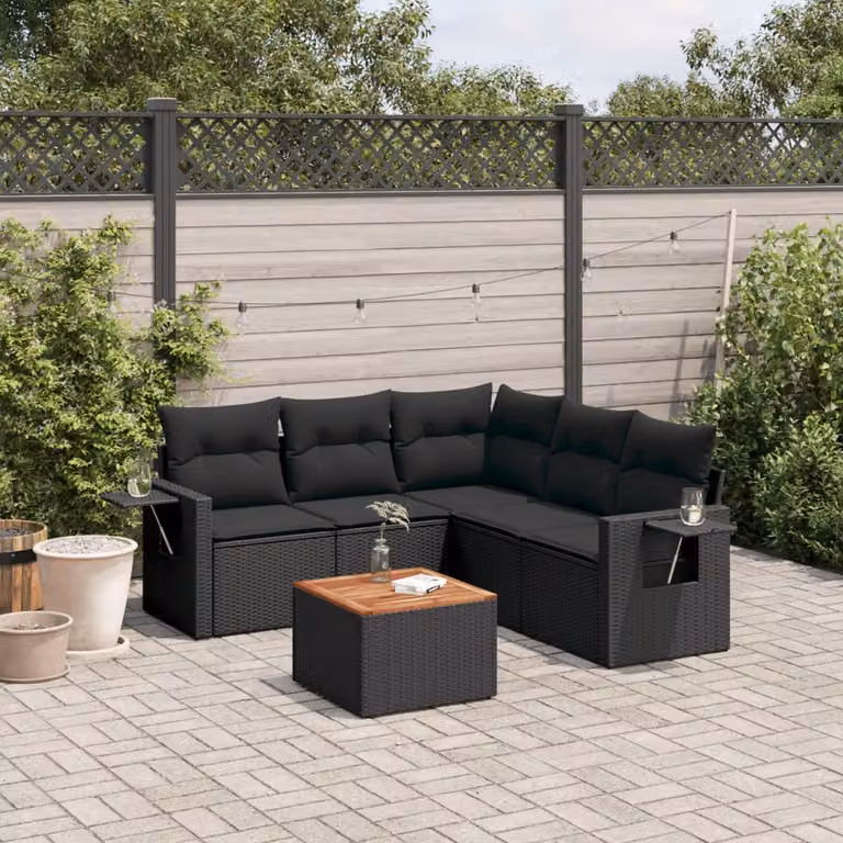 Set Divano da Giardino a L vidaXL in Polyrattan Nero con 6 Cuscini e Tavolino da Esterno