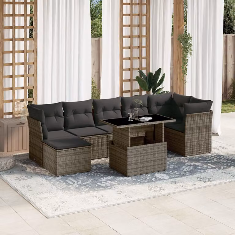 vidaXL Set Divano da Giardino 8 pz in Polyrattan Grigio con Cuscini e Tavolino