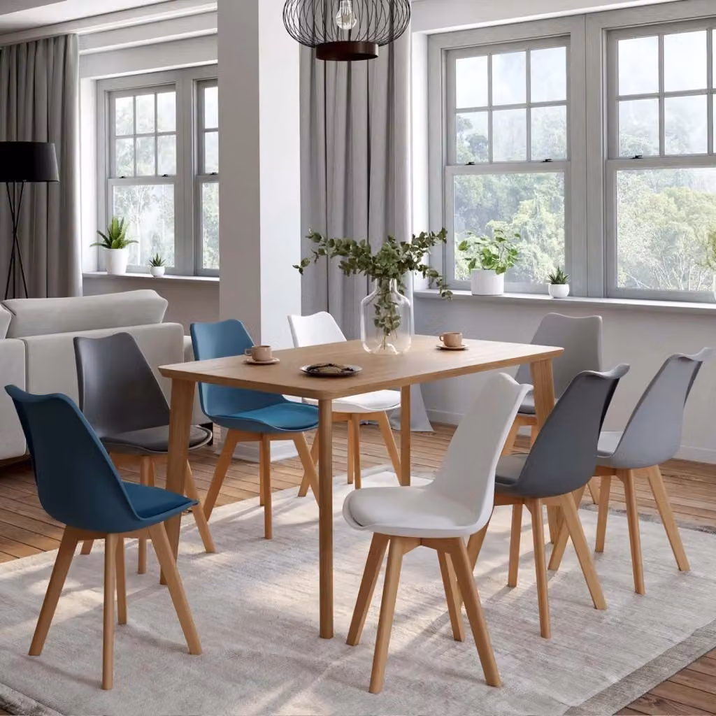 Set di 8 sedie scandinave SARA IDMarket in plastica e legno, colori misti: 2 bianco, 2 grigio chiaro, 2 grigio scuro, 2 blu anatra – 2