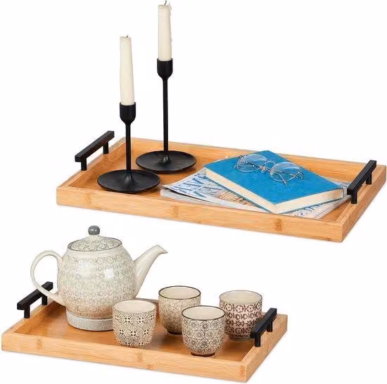 Set di vassoi da portata in bambù composto da 2 vassoi rettangolari in legno con base, misure 7x50x30 cm e 7x43x26 cm - Lavorazione artigianale - Foglia alta - Vassoi da portata - Forma rettangolare - Aspetto naturale