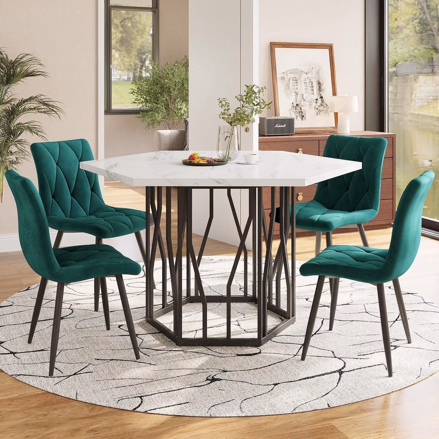 Tavolo da pranzo esagonale, set da 5 pezzi, dimensioni 115,5 x 100 x 75 cm, verde e nero, con 4 sedie in velluto