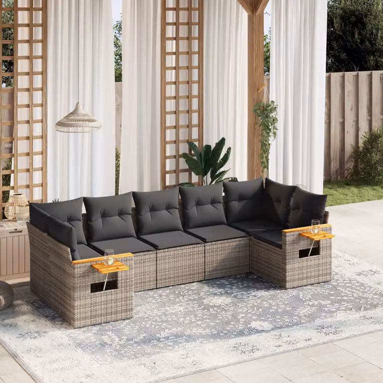 Set di divani da giardino vidaXL in polyrattan grigio con cuscini e tavolino da esterno a forma di L