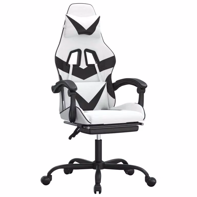 Sedia da Gaming con Poggiapiedi Bianco e Nero in Pelle finta