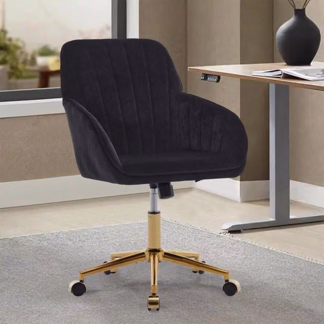 Sedia da Ufficio Ergonomica Xylo con Rivestimento in Velluto Nero e Struttura in Metallo, Design Moderno con Ruote e Rotazione a 360 Gradi