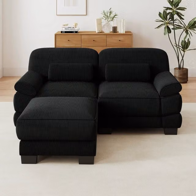 Divano modulare a 2 posti con pouf; configurazione a L o U; 194 x 161 x 94 cm; nero
