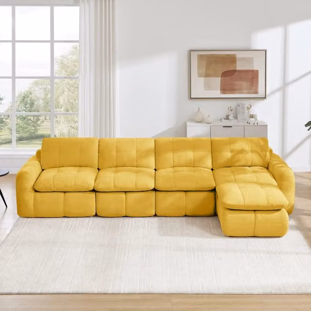 Divano angolare modulare 4 posti senza telaio con cuciture a griglia in ciniglia gialla 334 × 160 × 68 cm