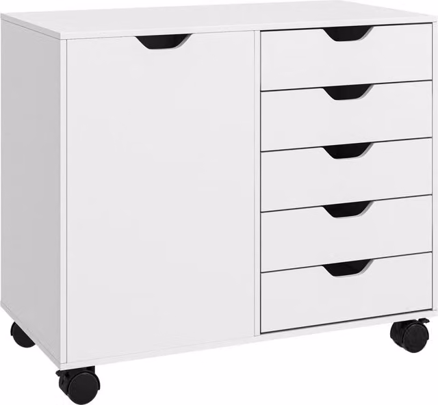 Cassettiera mobile da ufficio con 5 cassetti e 1 anta porta stampante con ruote bianco 78x40x66,5 cm