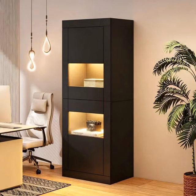 Vetrina nera con illuminazione LED, 1 ripiano in vetro, 61x42x162 cm, mobile alto da terra