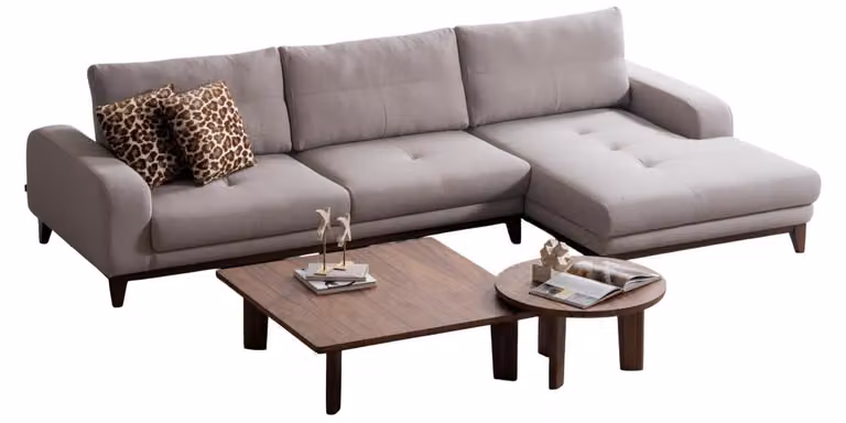 Moderne Beige Eckcouch Stilvoller Brauner Holz Couchtisch 2tlg Set